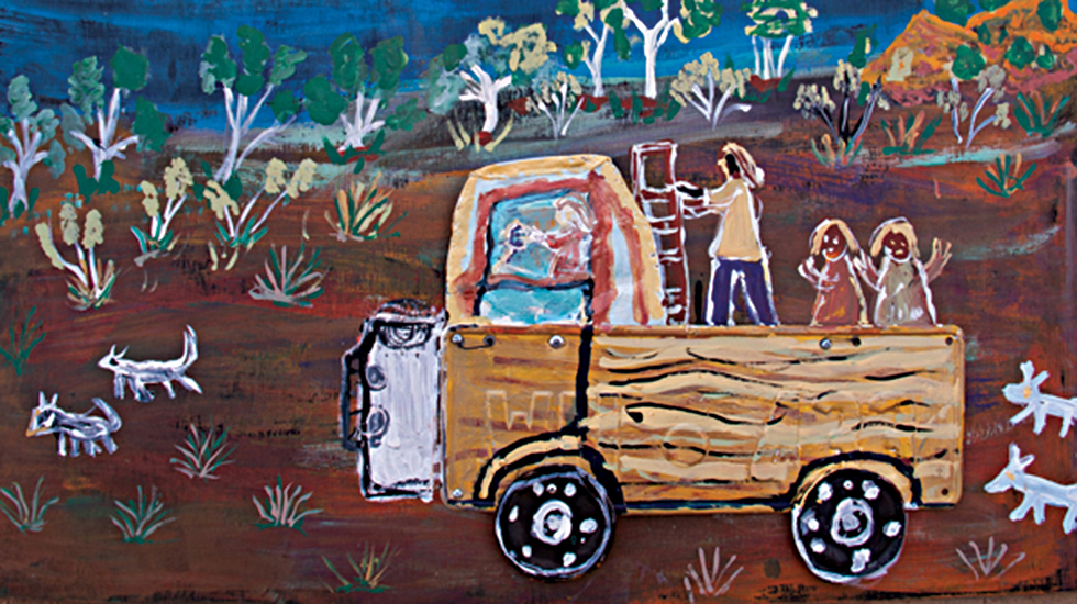 Eunice Yunurupa Porte | Mission times truck | 2014 | synthetic polymer paint and recycled tin on plywood | 60 x 80 cm | Courtesy the artist and Warakurna Artists | © the artist, courtesy Warakurna Artists